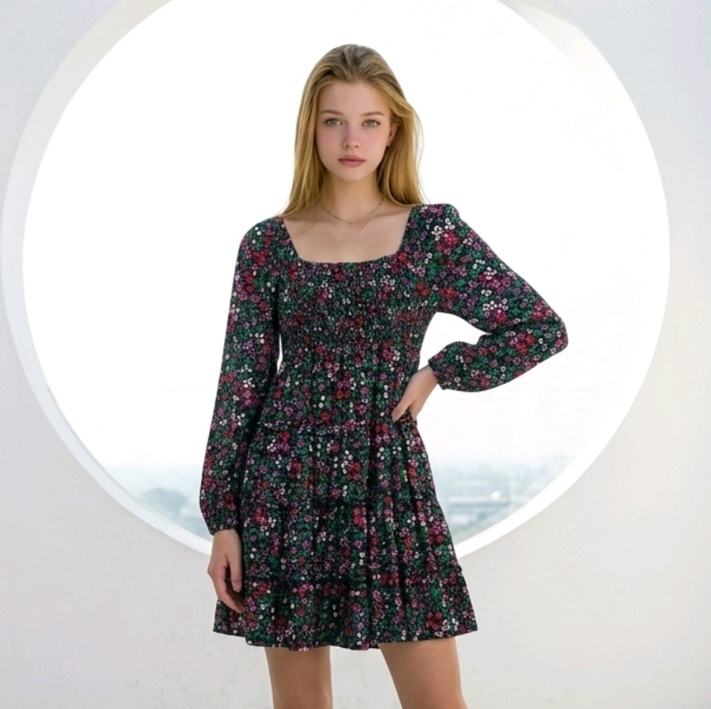 Crown & Ivy Floral Smocked Dress Girls XL 14 16 Tiered Long Sleeve Teen Occasion